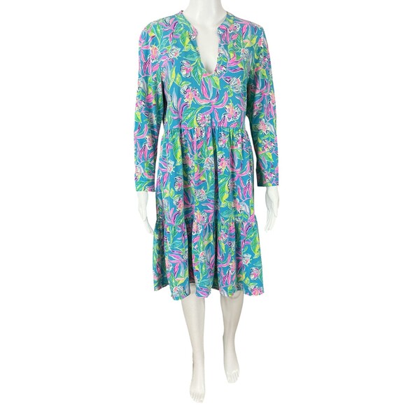 Lilly Pulitzer Alaina Dress sz L Tiered Babydoll Swing Formentera Turquise BOHO - Picture 4 of 13